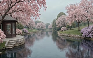Картинка деревья, парк, весна, цветение, река, river, trees, сакура