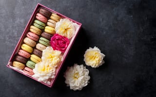 Картинка цветы, подарок, flowers, macarons, colorful, pink, макаруны, gift box