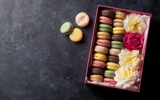 Картинка цветы, подарок, gift box, macarons, colorful, pink, flowers, макаруны