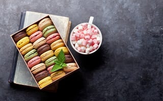 Картинка цветы, подарок, colorful, macarons, wood, gift box, flowers, pink