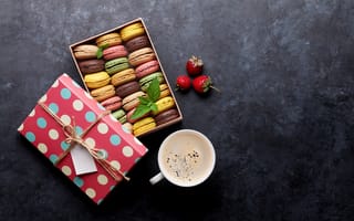 Картинка цветы, ягоды, colorful, pink, подарок, macarons, flowers, coffee cup