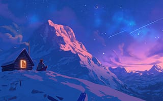 Картинка lights, Night, winter, stars, mountain, artwork, snow, concept art