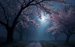 Картинка деревья, парк, trees, сакура, pink, цветение, night, весна