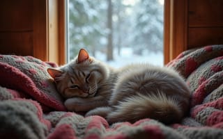 Картинка зима, кошка, winter, уют, плед, окно, cat, снег