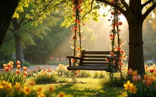 Картинка цветы, качели, blossom, луг, colorful, сад, весна, flowers