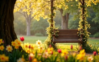 Картинка цветы, качели, blossom, сад, луг, весна, flowers, colorful