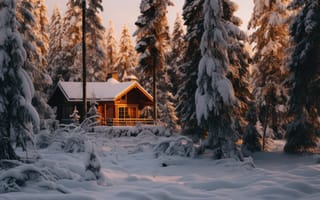 Картинка зима, лес, снег, forest, house, winter, хижина, домик