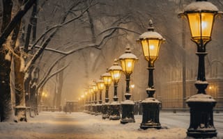 Картинка зима, снег, ночь, парк, фонари, аллея, улица, night