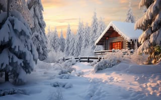 Картинка зима, лес, forest, хижина, winter, снег, домик, house
