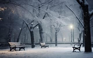 Картинка зима, снег, фонари, park, night, парк, скамейка, ночь