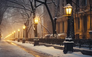 Картинка зима, снег, аллея, night, улица, ночь, фонари, парк
