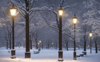 Картинка зима, снег, park, фонари, night, парк, ночь, улица