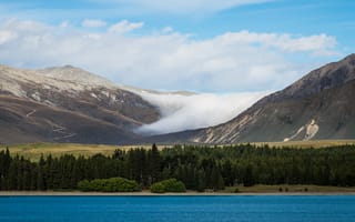 Картинка sky, trees, water, nature, mountains, New Zealand, clouds, landscape