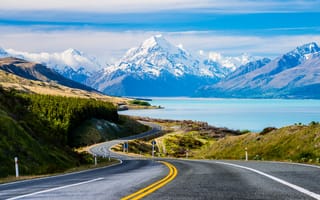 Картинка road, river, New Zealand, water, sky, nature, landscape, trees