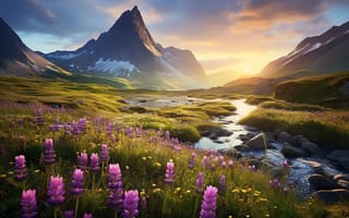 Картинка цветы, горы, blossom, весна, colorful, луг, flowers, озеро