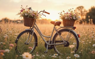 Картинка поле, цветы, colorful, весна, луг, велосипед, flowers, blossom