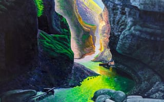 Картинка трава, вода, камни, речка, свет, горы, скалы