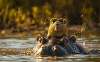 Картинка sunglasses, swimming, hippos, AI art, capybara