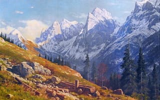 Картинка Горы, Картина, Рудольф Решрайтер, Вильдер-Кайзер, Немецкий художник, Вид на летний высокогорный пейзаж, Rudolf Reschreiter