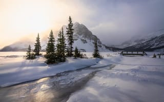Картинка зима, снег, Альберта, Канада, речка, горы