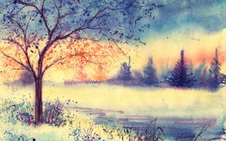 Картинка ёлки, утро, трава, зима, дерево, акварель, нарисованный пейзаж