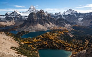 Картинка лес, небо, панорама, скалы, горы, Canada, озеро, солнце