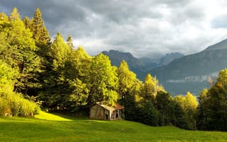 Картинка облака, горы, сарайчик, Швейцария, Альпы