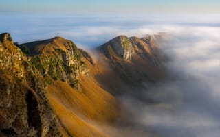Картинка grass, landscape, mountains, dawn, clouds, horizon, nature, fog