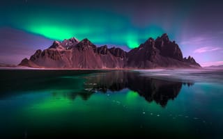 Картинка Aurora, Исландия, Темно-зеленые огни, Черный пляж, Black Beach, Полярное сияние, Dark Green Lights, Iceland