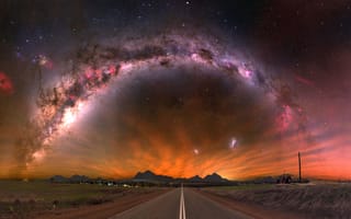 Картинка grass, road, night, landscape, mountains, nebula, nature, sky
