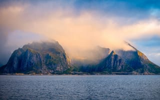 Картинка море, небо, солнце, побережье, облака, горы, скалы, Norway
