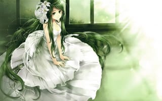 Обои Платье, свет, девушка, цветы, невеста, зеленые волосы