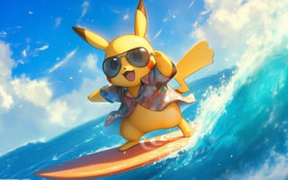 Картинка waves, Hawaii, shirt, Pikachu, open mouth, surfing, sunglasses, looking at viewer