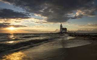 Картинка утро, Коста-Бланка, пирс, Испания, солнце, море, маяк, пляж, восход