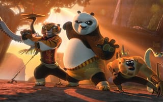 Картинка Кунг-фу Панда 2, журавль, богомол, закат, змея, обезьяна, тигрица, Kung Fu Panda 2, по, неистовая пятёрка