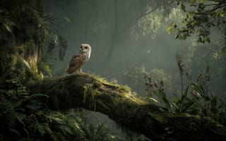 Картинка forest, plants, moss, AI art, illustration, owl, log