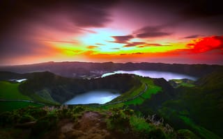 Картинка небо, закат, озеро, природа, горы, панорама, Portugal