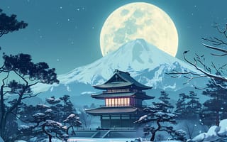 Картинка Japan, night, mountain, Fuji, temple