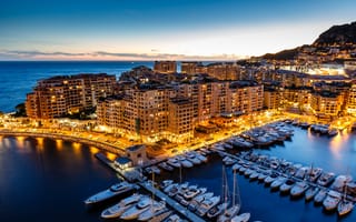 Картинка море, яхты, Principauté de Monaco, огни, здания, Княжество Монако, Лазурный Берег, дома, город, Côte d'Azur, вечер, Фонвьей, Fontvieille