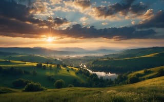 Картинка river, landscape, clouds, nature, hills