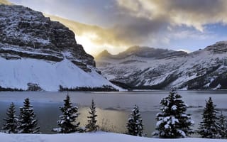 Картинка trees, clouds, snow, Bow Lake, mountains, Alberta, light