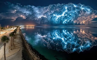 Картинка небо, тучи, пальмы, буря, горизонт, молния, sky, storm
