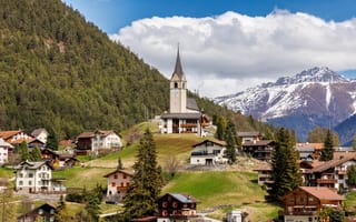 Картинка облака, горы, церковь, здания, Швейцария