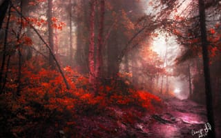 Картинка дорога, нарисованный пейзаж, листва, лес, осень