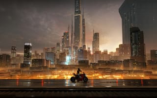 Картинка city, lights, night, skyscrapers, bike, girl, future