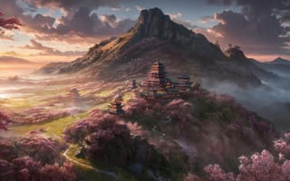 Картинка road, sunset, sakura, temple, mountain, bloom, Asia