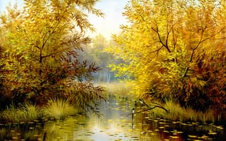 Обои природа, время года, деревья, листья, живопись, пейзаж, осень, птицы