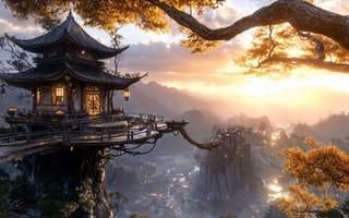 Картинка желтые листья, пропасть, свет в окнах, подвесной мост, дом на горе, китайская архитектура, восход солнца над скалой