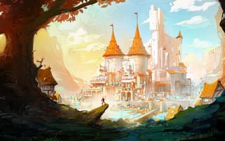 Картинка city, fantasy, trees, buildings, river, digital art, Castle, bridge