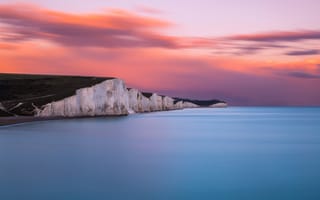 Картинка море, небо, England, горизонт, Sussex, берег, скалы, закат